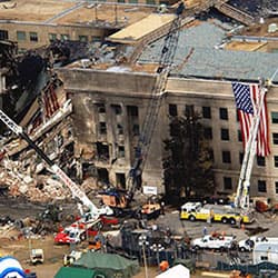 An aerial view of the Pentagon, taken two days after 9-11, reveals the extent of the damage.