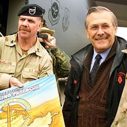 Joint Special Operations Task Force – North Commander, Colonel John F. Mulholland, Jr. meets with Secretary of Defense Donald H. Rumsfeld in December 2001.