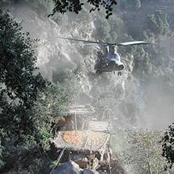 An MH-47 <i>Chinook</i> from the 160th Special Operations Aviation Regiment navigates a tight space in Afghanistan, 2006.