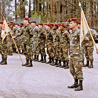 528th Support Battalion soldiers form up for an awards ceremony outside their headquarters at the “Old Stockade” facility, Fort Bragg, North Carolina, circa 1989.