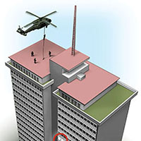 3D Graphic of C/3-7th SFG Assault on Radio Nacional. After fast roping on the building roof, the assault element cleared down to offices on the seventh floor.