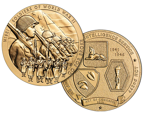 The Congressional Gold Medal presented to the “Nisei Soldiers of World War II” in 2010 is inscribed with “Go for Broke,” the motto of the 442nd Regimental Combat Team.