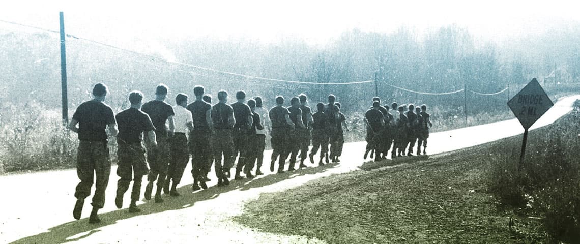 Excellent physical conditioning was a point of pride for the 389th Military Intelligence Detachment, as seen in this snapshot of the 389th during a frigid morning run in November 1980.