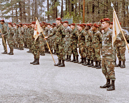 528th Support Battalion soldiers form up for an awards ceremony outside their headquarters at the &ldquo;Old Stockade&rdquo; facility, Fort Bragg, North Carolina, circa 1989.