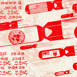 Anti-Morale Leaflet. Principal illustration shows North Korean routes of supply being smashed by UN planes; cartoon on reverse side shows bombs carrying flags with designs suggesting various of the UN active in Korea.