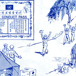 Three panel illustration on page 1, depicting from left to right: starvation, shellfire and exhaustion. The reverse side portrays Communist soldiers surrendering to UN troops.