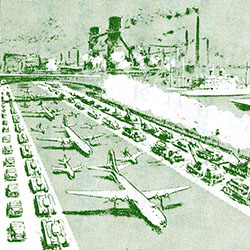 Illustration showing U.N. war material production, with planes, tanks, guns and vehicles ready to be loaded on ships