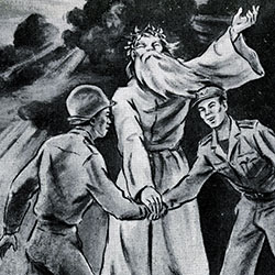Illustration portraying Tangun, Legendary father of the Korean nation, reuniting Korean soldiers now with the Communist Army and those with the ROK.