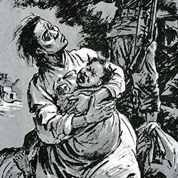 Illustration of woman and child. Looking down at them is an unconcerned Chinese communist soldier.