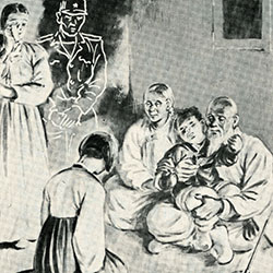 Family feast setting, including the phantom-like figure of the soldier to whom the leaflet is addressed.
