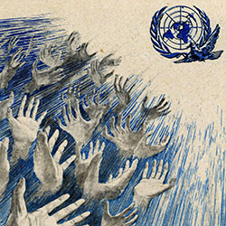 Outstretched hands reaching toward the UN symbol against, a background of light. 