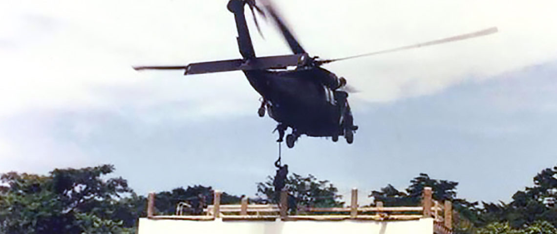The 617th SOAD and Company C, 3-7th SFG demonstrate fast roping and insertion onto a multi-story building during the early-1990s. The units trained the same tactics in preparation for Operation JUST CAUSE.