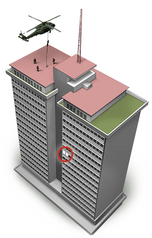 3D Graphic of C/3-7th SFG Assault on  Radio Nacional. After fast roping on the building roof, the assault element cleared down to offices on the seventh floor.