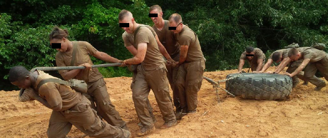 Enlisted Green Platoon candidates are pushed to their physical limits, and forced to become team players to accomplish their tasks.