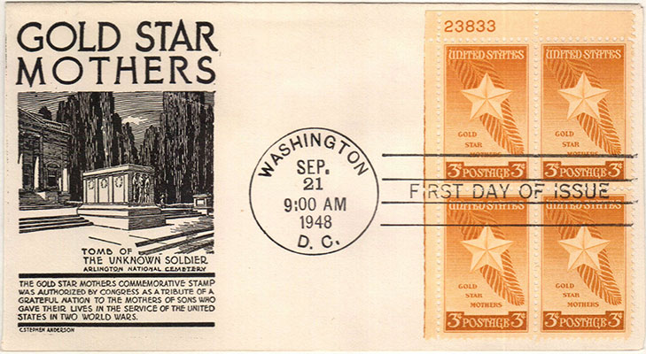 The Gold Star Mothers postage stamp was issued 21 September 1948.