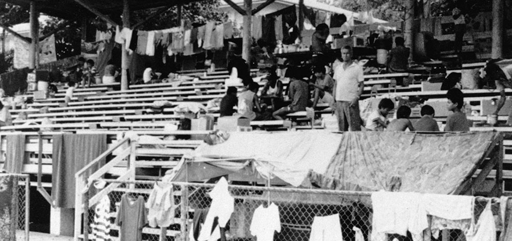 Thousands of DCs lived in makeshift shelters on the baseball field. Others slept in the bleachers. Wet clothing was drying everywhere.