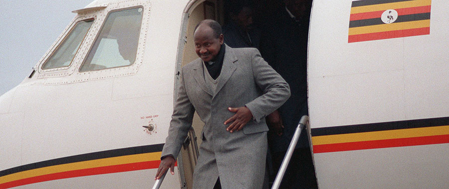 Ugandan President Yoweri Museveni arrives at Andrews Air Force Base, MD