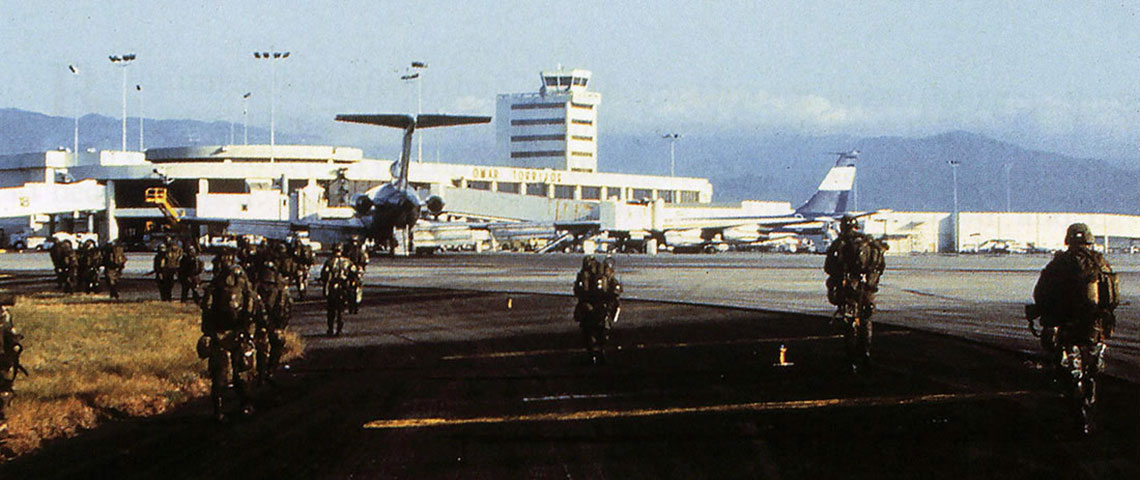 U.S. soldiers patrol at the Torrijos-Tocumen Airport Complex on the morning of 20 December 1989. It had been secured just hours prior.