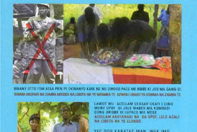 This leaflet highlights Caesar Achellam, free of the LRA and happy with his family.