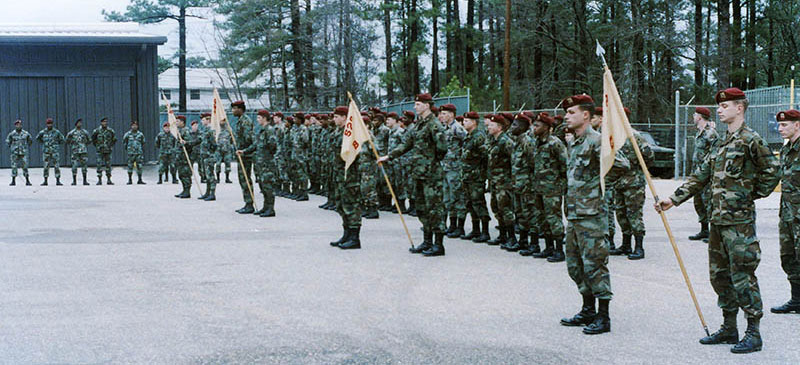 528th Support Battalion soldiers form up for an awards ceremony outside their headquarters at the Old Stockade facility, Fort Bragg, NC, circa 1989.