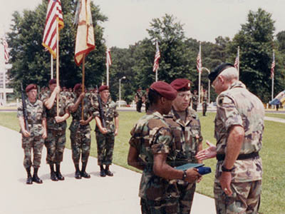 At LTC Mason’s 20 June 1988 change-of-command, MG Suddath (R) extends Mason (C) one final handshake, in acknowledgement of a job well done. The two men had worked together for nearly four years, and shared responsibility for bringing the 528th SOSB into existence.