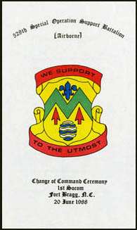 The program from LTC Mason’s 20 July 1988 change-of-command with LTC David L. Shaw is testament to Mason’s impact on the battalion. He was involved in the design of the Distinctive Unit Insignia (DUI) and the selection of the unit motto, and was the driving force behind the renumbering of the battalion, from 13th to 528th Support Battalion. 