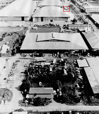 This photo shows the location of the dispensary relative to the hangar that housed many of the DCs. CPT Margaret V. Cain, 361st CA Brigade, was responsible for getting the dispensary operational.