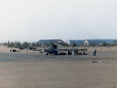 The Hind as the Libyans left it at Ouadi Doum. In this photograph, it has not yet been prepped for sling-load as the Soviet helicopter still retains its rotor blades.