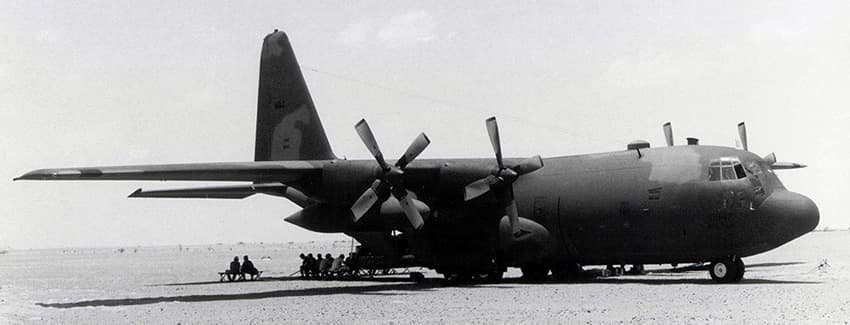 The Air Force C-130 aircraft as it waits at Faya Largeau to refuel the inbound Chinooks.