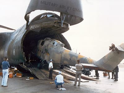 The Hind is loaded on to a C-50 for transport to the United States. The Hind flew out before the 160th crews and helicopters.