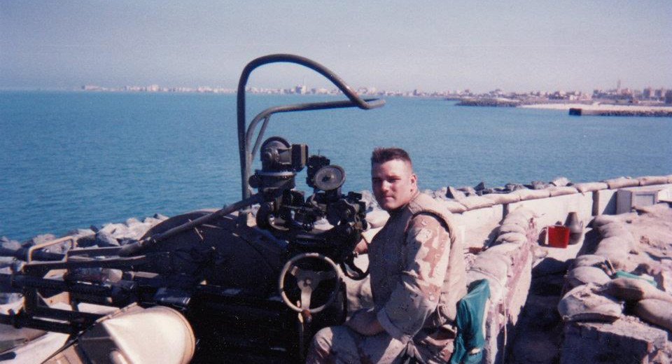 His ROWPU mission complete, SGT Anderson joined MAJ Hal Walker’s FAST for the push into Kuwait. He is seen here near the U.S. Embassy in Kuwait City.