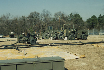 Fuel System Supply Point (FSSP) equipment, seen here on display at Fort Bragg, NC, had a considerably larger capacity than the more compact and transportable Forward Area Refueling Equipment (FARE). Both systems were used in Saudi Arabia.