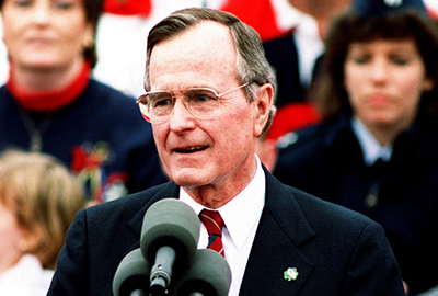 President George H.W. Bush spoke out forcefully against the Iraqi invasion of Kuwait, declaring that the aggression “will not stand.”