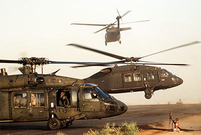 The UH-60 Black Hawk, seen here, and the SOF variant, the MH-60, saw extensive action in Operations DESERT SHIELD and DESERT STORM.