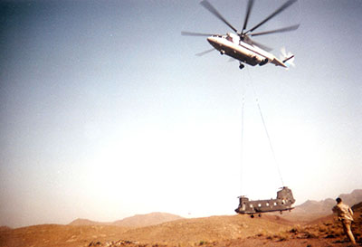 The Mi-26 lifts 476 from its crash site.  Once it left, the maintenance crew followed in another Chinook.