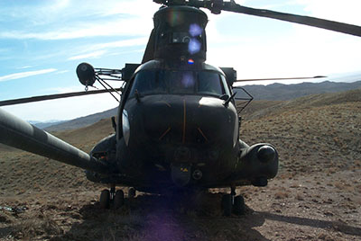 The front view of 476. This photo further illustrates the angle at which the damaged helicopter had landed.