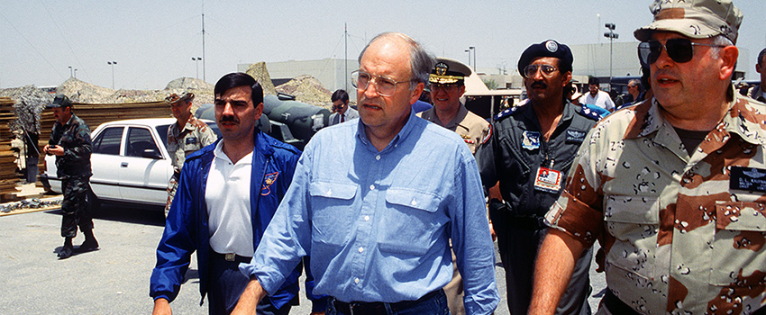 USAF Maj. Gen. Donald L. Kaufman (right), Chief, USMTM, accompanies Secretary of Defense Richard B. Cheney (center) during his visit to Saudi Arabia in August 1990. The two-man USMTM “PSYOP Desk” (not pictured) helped pave the way for additional PSYOP forces. USMTM was the senior U.S. headquarters until the arrival of USCENTCOM-Forward.