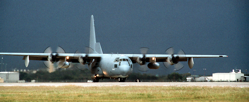 An EC-130E Volant Solo aircraft of the 193rd SOG, Pennsylvania Air National Guard, taxis on the runway. The 193rd had worked with PSYOP forces in Panama in 1989-1990; escorted the JPOG to Saudi Arabia in late August 1990; and supported the PSYOP effort through the end of the Persian Gulf War.