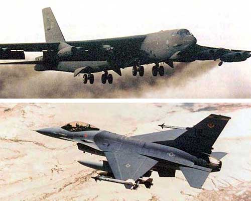 The B-52 Stratofortress and F-16 Fighting Falcon were the two delivery platforms for the M129A1 leaflet bombs during the Persian Gulf War.