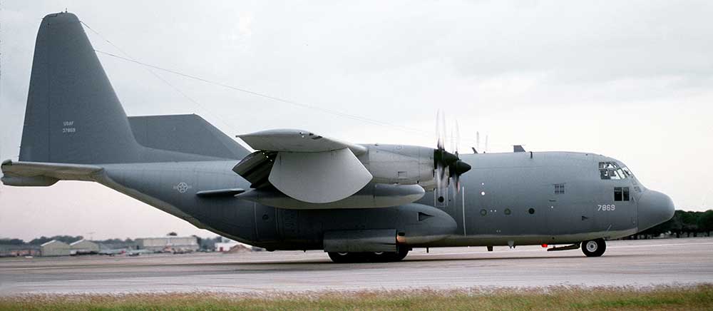 An EC-130 VOLANT SOLO aircraft of the 193rd SOG, Pennsylvania Air National Guard, taxis on the runway. The 193rd supported Army PSYOP forces in Panama in 1989-1990, and again in the Persian Gulf in 1990-1991.