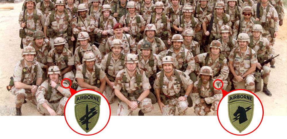 LTC Jones (front center) poses with other deployed PSYOP soldiers during the Persian Gulf War. Note that some are wearing the U.S. Army Civil Affairs and PSYOP Command (USACAPOC) shoulder sleeve insignia (left) while others wear the 1st Special Operations Command patch (right). With USACAPOC activated in late 1990, this was a period of organizational transition.