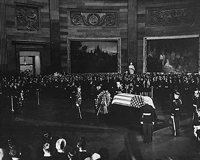 The deceased President lay in state in the Capitol Rotunda for 18 hours on 24-25 November 1963. Some 250,000 people would view the casket and pay their respects.