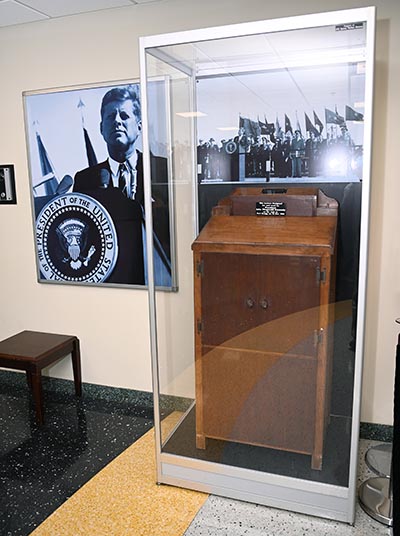 Lectern that the President used during his 1961 visit to Fort Bragg is on permanent display in the lobby of Kennedy Hall.
