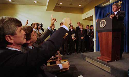 President William J. Clinton addresses media questions about Somalia during a press conference on October 14, 1993, ten days after the Battle of Mogadishu.