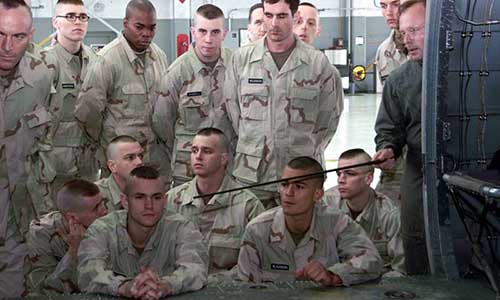 Jason Isaacs (standing, left), Ewan MacGregor (kneeling, second row, second from left), Orlando Bloom (kneeling, first row, right), and other “Ranger” actors receive a class on heliborne operations.