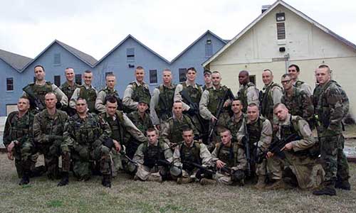 Actors and their Ranger trainers pose for a group picture at Fort Benning, early 2001.
