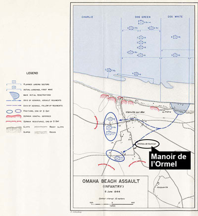 Map of CHARLIE, DOG GREEN, and DOG WHITE sectors of OMAHA Beach.