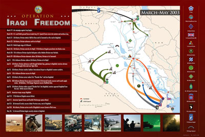 This U.S. Army Center of Military History graphic depicts the major lines of advance during OIF, and includes a timeline of key events from the initial invasion.