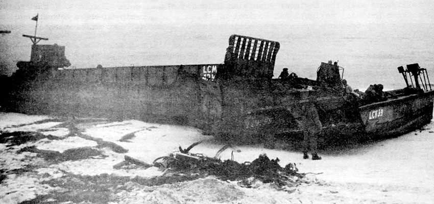 Damaged landing craft were strewn along beaches for twenty miles after a freak electrical storm (7 March 1943) turned the 28th ID invasion into a nightmare.
