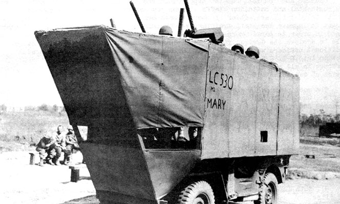 Before live firing the Landing Craft MCM .50 cal Browning M2 machine guns from the sea, the 38th ID infantrymen were oriented to the height and swaying motion using this Jeep mock-up.